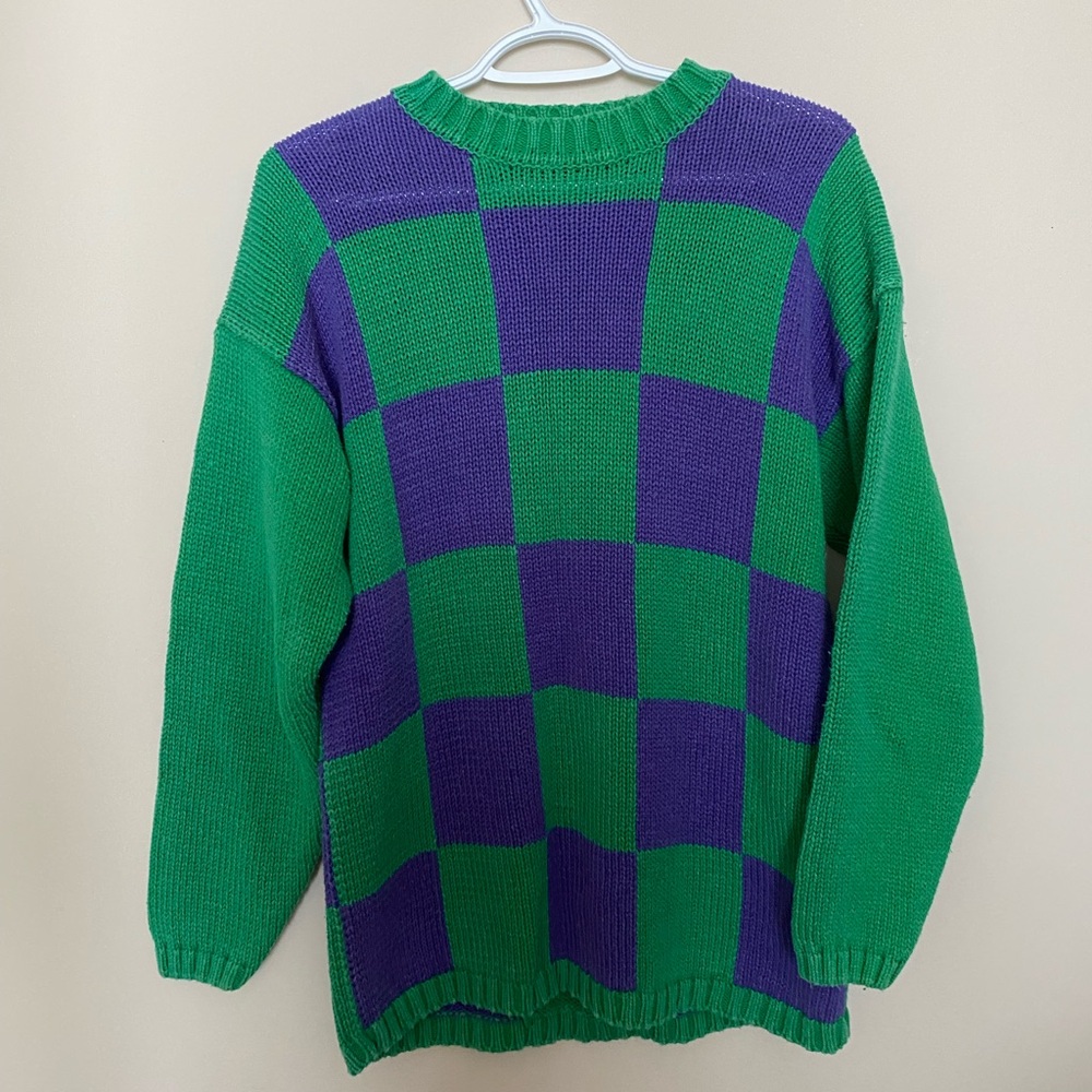 Green and Purple Checkered Sweater